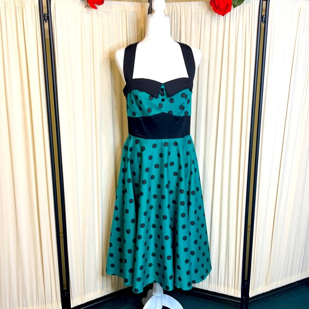 πHPπNWT- HELL BUNNY VIXEN GREEN & BLACK HALTER PINUP DRESS SIZE LARGE - Picture 2 of 15
